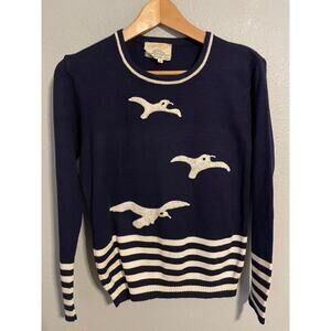 Vintage Cyn Les Shirlee Sweater Womens Medium Navy Blue White Birds Striped 70s
